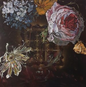 Katarzyna Piriankov, „Kwiaty I” z cyklu Timeless – obraz olejny na płótnie (2023). Mroczna i symboliczna martwa natura w stylu vanitas, przedstawiająca kwiaty. Współczesne malarstwo polskie dostępne w internetowej galerii sztuki Galeria Wiele Sztuki.