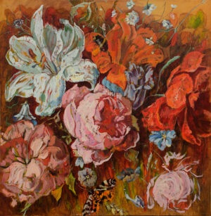 Galeria Wiele Sztuki, obraz Katarzyny Piriankov „Kwiaty Zła III”, martwa natura, kolorowe kwiaty na ciemnym tle, sztuka współczesna, galeria on-line.