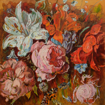 Galeria Wiele Sztuki, obraz Katarzyny Piriankov „Kwiaty Zła III”, martwa natura, kolorowe kwiaty na ciemnym tle, sztuka współczesna, galeria on-line.