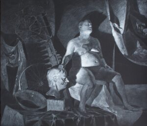 Galeria Wiele Sztuki, Rysunek „Modelka w świetle” (2025) autorstwa Małgorzaty Jakieły, wykonany białym węglem na czarnym papierze. Realistyczna, monochromatyczna kompozycja przedstawia scenę w pracowni artystycznej. Modelka siedzi w mocnym świetle, opierając dłoń na gipsowej głowie. Styl cechuje silny światłocień. Galeria on-line, sztuka współczesna, najlepsze polskie obrazy.