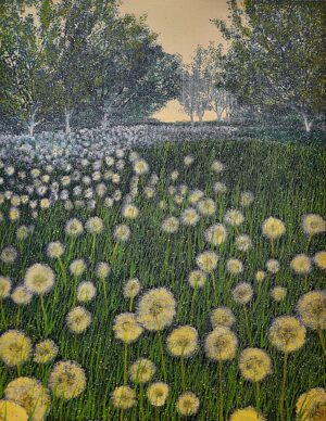 Galeria Wiele Sztuki, obraz akrylowy „Paesaggio IX” autorstwa Jacka Malinowskiego. Pejzaż przedstawiający letnią łąkę pełną dmuchawców na pierwszym planie. W tle widać linię drzew i jasne niebo. Cały obraz jest namalowany charakterystyczną techniką małych, fakturowych pociągnięć pędzla, przypominającą pointylizm. Galeria on-line, sztuka współczesna.