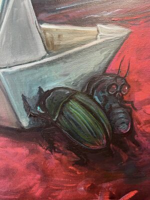 Galeria Wiele Sztuki, fragment (zbliżenie) obrazu akrylowego autorstwa Katarzyny Bąkowskiej-Roszkowskiej „Wypłynąć przed zmierzchem”. Widać detale kompozycji. Sztuka współczesna, sztuka on-line, galeria on-line.