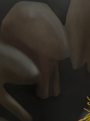 Galeria Wiele Sztuki, fragment obrazu olejnego „Krąg” (2025) autorstwa Katarzyny Knychały.” Widać detal kompozycji. Galeria Wiele Sztuki, sztuka współczesna, sztuka on-line, galeria on-line