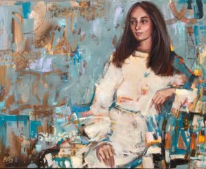 Galeria Wiele Sztuki, Obraz „W oczekiwaniu” (2025) autorstwa Eleanory Bubashkiny, wykonany w technice mieszanej. Portret zamyślonej kobiety z długimi, brązowymi włosami, siedzącej w fotelu. Tło jest abstrakcyjną kompozycją w odcieniach turkusu i złota, z widocznymi wzorami i plamami barwnymi. Styl łączy realizm z abstrakcją. Galeria on-line, sztuka współczesna, najlepsze polskie obrazy.