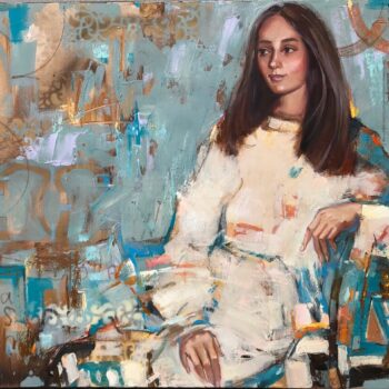 Galeria Wiele Sztuki, Obraz „W oczekiwaniu” (2025) autorstwa Eleanory Bubashkiny, wykonany w technice mieszanej. Portret zamyślonej kobiety z długimi, brązowymi włosami, siedzącej w fotelu. Tło jest abstrakcyjną kompozycją w odcieniach turkusu i złota, z widocznymi wzorami i plamami barwnymi. Styl łączy realizm z abstrakcją. Galeria on-line, sztuka współczesna, najlepsze polskie obrazy.