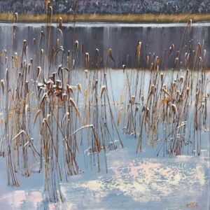 Galeria Wiele Sztuki, obraz olejny w formacie kwadratu 80x80 cm „Zimowa cisza” autorstwa Eleanory Bubashkiny. Pejzaż zimowy przedstawiający wysokie, suche trzciny wyrastające ze zamarzniętej tafli wody lub śniegu. Obraz cechuje się wyrazistą fakturą farby i stonowaną, chłodną paletą barw. Galeria on-line, sztuka współczesna, najlepsze polskie obrazy.