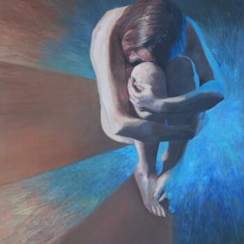 Galeria Wiele Sztuki, Obraz olejny „Autoportret wewnętrzny” (2025) autorstwa Małgorzaty Jakieły. Symboliczny autoportret przedstawiający nagą, skuloną postać w pozycji embrionalnej. Scena jest oświetlona dwoma źródłami światła: ciepłym, brązowym z lewej strony i zimnym, intensywnie niebieskim z prawej. Galeria on-line, sztuka współczesna, najlepsze polskie obrazy.