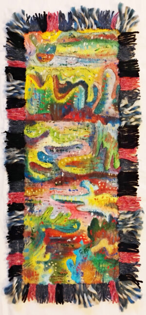 Galeria Wiele Sztuki, obraz „Bruce Trail-jezioro” (2024) autorstwa Ziemowita Fincka, wykonany w technice mieszanej. Ekspresyjny, półabstrakcyjny pejzaż namalowany w żywych, kontrastowych barwach. Dzieło otoczone jest grubą, postrzępioną ramą wykonaną z wielokolorowej wełny. Sztuka współczesna, Galeria on-line.