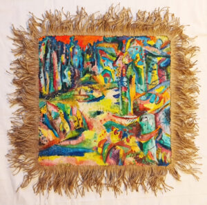 Galeria Wiele Sztuki, Kwadratowy obraz akrylowy „Wild Rose Farm I” autorstwa Ziemowita Fincka. Ekspresyjny, abstrakcyjny pejzaż w żywych, kontrastowych barwach żółcieni, błękitów, czerwieni i zieleni. Obraz jest otoczony szeroką, postrzępioną ramą wykonaną z naturalnego, brązowego sznurka jutowego. Galeria on-line, sztuka współczesna.