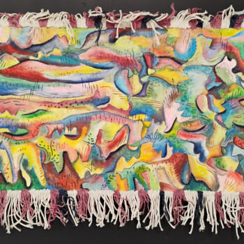 Galeria Wiele Sztuki, oraz „Wild Rose Farm VI” (2024) autorstwa Ziemowita Fincka, wykonany w technice mieszanej. Abstrakcyjny pejzaż namalowany w płynnym, akwarelowym stylu, w jasnej palecie żółcieni, różów, błękitów i zieleni. Dzieło otoczone jest postrzępioną ramą z różowych i białych sznurków. Sztuka współczesna, Galeria on-line.