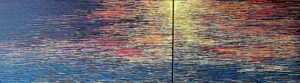 Galeria Wiele Sztuki, obraz akrylowy „Il tramonto sul mare” autorstwa Jacka Malinowskiego, będący dyptykiem. Abstrakcyjny pejzaż morski przedstawiający zachód słońca. Cała kompozycja zbudowana jest z krótkich, horyzontalnych, fakturowych pociągnięć pędzla w odcieniach błękitu, granatu, oranżu, czerwieni i żółci, tworzących wibrującą powierzchnię. Akryl na płótnie, 140x40 cm, galeria on-line, sztuka współczesna.