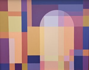 Obraz abstrakcyjny „Brama” Joanny Sułek-Malinowskiej, akryl na płótnie, 2023. Abstrakcja geometryczna, dynamiczna kompozycja, harmonijna paleta barw. Dostępny w ofercie Galerii Wiele Sztuki.