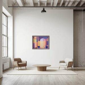 Abstrakcyjny obraz w ramie „Brama” autorstwa J. Sułek-Malinowskiej wisi na białej ścianie w minimalistycznym, nowoczesnym wnętrzu. Obrazy z oferty Galerii Wiele Sztuki to doskonały przykład na to jak sztuka odmienia wystrój wnętrz.