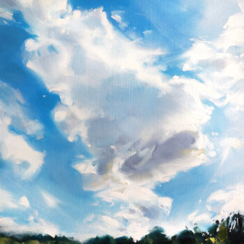 Obraz olejny „Spójrz mi w słońce” (2025) Kariny Jaźwińskiej, dostępny w Galerii Wiele Sztuki. Wertykalny pejzaż przedstawiający słoneczną, letnią łąkę i dynamiczne, malarskie chmury na błękitnym niebie. Liryczne polskie malarstwo współczesne na sprzedaż.