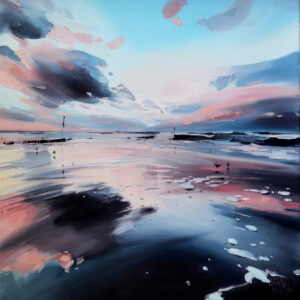 Obraz olejny „Truskawkowe Marianki” (2025) autorstwa Kariny Jaźwińskiej, dostępny w Galerii Wiele Sztuki. Dynamiczny pejzaż morski (marynistyczny) w kwadratowym formacie, przedstawia plażę i mewy o zachodzie słońca. Oryginalne polskie malarstwo współczesne na sprzedaż.