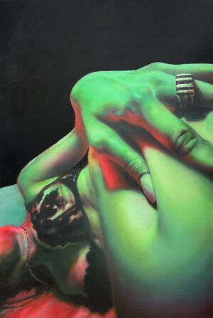 Obraz wykonany w technice mieszanej „Dotyk I” (2024) autorstwa Oliwii Choroś, dostępny w Galerii Wiele Sztuki. Dzieło przedstawia akt kobiecy w zielono-czerwonym świetle, eksplorując temat cielesności – to wybitne polskie malarstwo współczesne na sprzedaż.