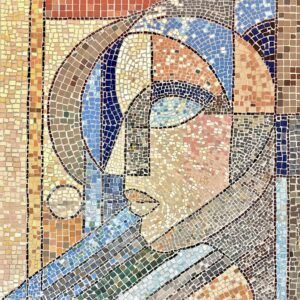 Mozaika „Czuję” autorstwa Elizabeth Voryvody. Unikalne dzieło z nagradzanego cyklu dyplomowego. Geometryczny portret z płytek ceramicznych. Najlepsza awangardowa sztuka do kupienia w Galerii Wiele Sztuki.