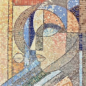 Mozaika „Czuję” autorstwa Elizabeth Voryvody. Unikalne dzieło z nagradzanego cyklu dyplomowego. Geometryczny portret z płytek ceramicznych. Najlepsza awangardowa sztuka do kupienia w Galerii Wiele Sztuki.