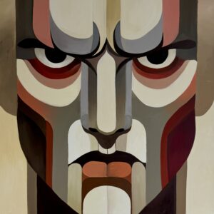 Obraz olejny „Gniew” Elizabeth Voryvody. Dzieło przedstawia kubistyczny, zdekonstruowany portret w chłodnych barwach, część cyklu o emocjach. Nowoczesne, awangardowe malarstwo na sprzedaż w Galerii Wiele Sztuki.