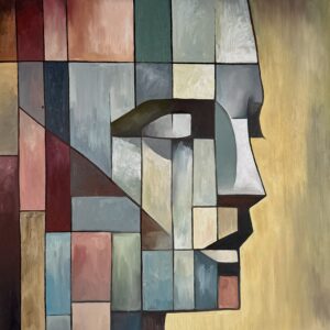 Obraz olejny „Nadzieja” autorstwa Elizabeth Voryvody. Dzieło pochodzące z nagrodzonego cyklu o emocjach, przedstawia abstrakcyjny, kubistyczny portret w spokojnych kolorach. Nowoczesne, awangardowe malarstwo najwyższej jakości na sprzedaż, dostępne w Galerii Wiele Sztuki.