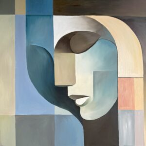 Obraz olejny „Smutek” autorstwa Elizabeth Voryvody. Dzieło pochodzące z nagrodzonego cyklu o emocjach, przedstawia abstrakcyjny, kubistyczny portret w spokojnych kolorach. Nowoczesne, awangardowe malarstwo najwyższej jakości na sprzedaż, dostępne w Galerii Wiele Sztuki.