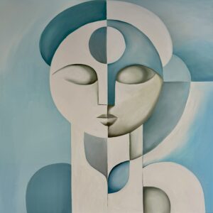 Obraz olejny „Spokój” autorstwa Elizabeth Voryvody, absolwentki warszawskiej ASP (rocznik 2025). Dzieło pochodzi z nagrodzonego cyklu dyplomowego o emocjach. Przedstawia ekspresyjny, geometryczny portret. Awangardowe malarstwo najwyższego poziomu, dostępne w Galerii Wiele Sztuki.