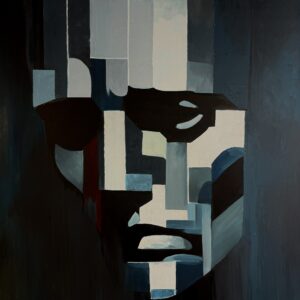 Obraz olejny „Gniew” Elizabeth Voryvody. Dzieło przedstawia kubistyczny, zdekonstruowany portret w chłodnych barwach, część cyklu o emocjach. Nowoczesne, awangardowe malarstwo na sprzedaż w Galerii Wiele Sztuki.