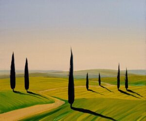 Obraz olejny „Val d'Orcia VI” (2025) autorstwa Jacka Malinowskiego, dostępny w Galerii Wiele Sztuki. Klasyczny pejzaż toskański przedstawiający słoneczną dolinę Val d'Orcia, krętą drogę i charakterystyczne cyprysy. Polskie malarstwo współczesne na sprzedaż.
