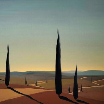 Obraz olejny „Val d'Orcia VII” (2025) autorstwa Jacka Malinowskiego, dostępny w Galerii Wiele Sztuki. Nastrojowy pejzaż toskański o zachodzie słońca, ukazujący smukłe cyprysy, wzgórza i wijące się drogi w dolinie Val d'Orcia. Klasyczne polskie malarstwo współczesne na sprzedaż.