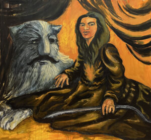 Obraz olejny 'Co-existence' Joanny Rusinek na sprzedaż w Galeria Wiele Sztuki. Wielkoformatowe malarstwo współczesne przedstawia symboliczną scenę kobiety z bestią, badającą relacje władzy i archetyp 