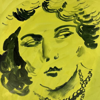 Obraz "Narcisseae" Joanny Rusinek na sprzedaż w Galeria Wiele Sztuki. Technika własna (olej i tempera) na płótnie. Współczesny portret kobiety w palecie jaskrawej żółcieni i ciemnej zieleni, nawiązujący do mitu o Narcyzie i archetypu narcyzmu.