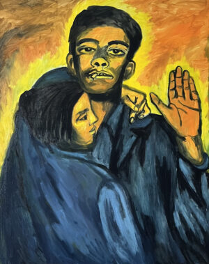 Obraz olejny 'Za Tobą pójdę w ogień' Joanny Rusinek na sprzedaż w Galeria Wiele Sztuki. Nowoczesne malarstwo portretowe ukazujące parę w intymnym uścisku na tle płomieni, symbolizujące miłość, oddanie i gotowość do poświęcenia.