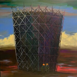 Obraz akrylowy „Budowniczowie” autorstwa dr Katarzyny Bąkowskiej-Roszkowskiej. Symboliczne, surrealistyczne malarstwo współczesne przedstawia owadzich budowniczych na tle monumentalnej, industrialnej konstrukcji w pejzażu o nienaturalnych barwach. Dzieło dostępne w Galerii Wiele Sztuki.