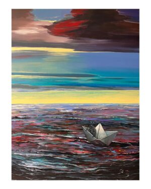 Obraz akrylowy „Gdzieś na końcu wody” (2025) dr Katarzyny Bąkowskiej-Roszkowskiej. Surrealistyczny pejzaż marynistyczny (morski) przedstawiający samotnego owada w papierowej łódce na wzburzonym morzu. Symboliczne polskie malarstwo współczesne na sprzedaż, dostępne w Galerii Wiele Sztuki.