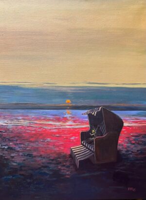 Obraz akrylowy „Sam na sam” (2025) autorstwa dr Katarzyny Bąkowskiej-Roszkowskiej, dostępny w Galerii Wiele Sztuki. Symboliczny pejzaż morski (marynistyczny) o zachodzie słońca, przedstawia owada czytającego książkę w koszu plażowym. Surrealistyczne, znakomite polskie malarstwo współczesne na sprzedaż.