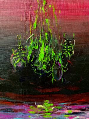 Detal obrazu akrylowego „Taniec deszczu” (2025) autorstwa dr Katarzyny Bąkowskiej-Roszkowskiej. Fragment centralnej części kompozycji ze zbliżeniem na strugi fluoroscencyjnego deszczu w neonowo-żółtym kolorze, wokół których tańczą owady. Surrealistyczny pejzaż symboliczny z owadami tańczącymi w strugach fluorescencyjnego deszczu, na tle burzowego nieba. Mocna kolorystyka, ambitne polskie malarstwo współczesne, dostępne w Galerii Wiele Sztuki.