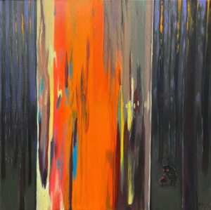 Obraz akrylowy „Znalezisko” dr Katarzyny Bąkowskiej-Roszkowskiej. Kwadratowy (50x50) pejzaż abstrakcyjny z ukrytym owadem znajdującym grzyba. Symboliczne polskie malarstwo współczesne w neonowych barwach, dostępne w Galerii Wiele Sztuki.