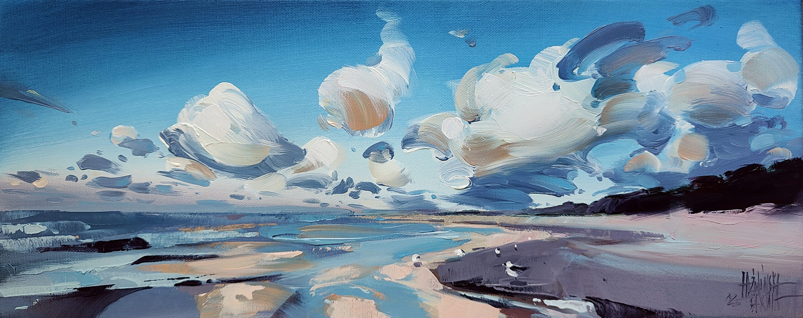 Galeria Wiele Sztuki przedstawia obraz olejny Kariny Jaźwińskiej "Spokojny dzień" z 2025, 20x50 cm, nadmorski pejzaż, plaża, niebo i chmury, malarstwo współczesne. Galeria sztuki on-line.