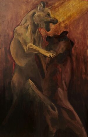 Obraz olejny „Hierarchia” (2024) autorstwa Nikoli Kingi Woźniak, dostępny w Galerii Wiele Sztuki. Ekspresyjna, batalistyczna scena przedstawiająca walkę psów, namalowana na płycie HDF. Współczesne malarstwo polskie o tematyce przemocy wobec zwierząt..