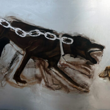 Obraz olejny „Pies z powyłamywanymi nogami” (2025) autorstwa Nikoli Kingi Woźniak. Monumentalne (250x140 cm) dzieło na blasze ocynkowanej, przedstawia psa na łańcuchu w konfrontacji z zającem. Ekspresyjne, symboliczne malarstwo o przemocy wobec zwierząt, dostępne w Galerii Wiele Sztuki.