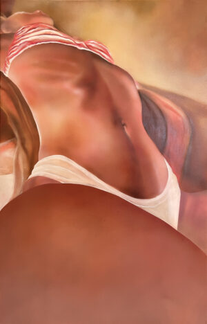 Obraz akrylowy „Bliskość” (2024) autorstwa Oliwii Choroś, dostępny w Galerii Wiele Sztuki. Zmysłowe, fragmentaryczne studium kobiecego ciała w ciepłej palecie barw – to intymne polskie malarstwo współczesne na sprzedaż.