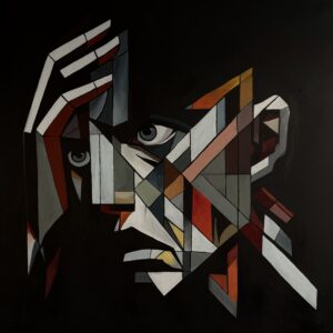 Obraz olejny „Rozpacz” autorstwa Elizabeth Voryvody. Dzieło pochodzące z nagrodzonego cyklu o emocjach, przedstawia abstrakcyjny, kubistyczny portret wyłaniający się z czerni. Nowoczesne, awangardowe malarstwo najwyższej jakości na sprzedaż, dostępne w Galerii Wiele Sztuki.