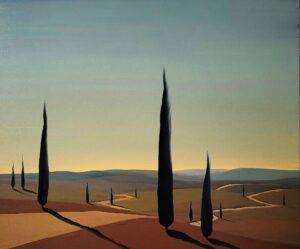 Obraz olejny „Val d'Orcia VII” (2025) autorstwa Jacka Malinowskiego, dostępny w Galerii Wiele Sztuki. Nastrojowy pejzaż toskański o zachodzie słońca, ukazujący smukłe cyprysy, wzgórza i wijące się drogi w dolinie Val d'Orcia. Klasyczne polskie malarstwo współczesne na sprzedaż.
