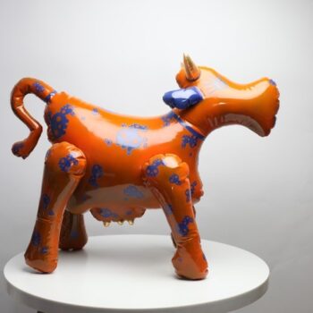 Kolekcjonerska rzeźba ceramiczna 'Krówka mumu - model woodoo' Mariusza Dydo, pomarańczowa figura krowy z niebieskimi motywami czaszek i złotymi rogami, Galeria Wiele Sztuki.