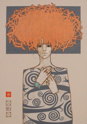 Obraz akrylowy '18:37' Michała Wareckiego, portret kobiety w sukience ze spiralnym wzorem i pomarańczowym afro, malarstwo figuratywne, Galeria Wiele Sztuki.