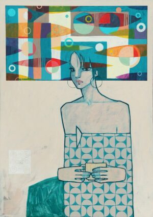 Współczesny obraz akrylowy 'Aquarium' Michała Wareckiego przedstawiający portret kobiety na tle geometrycznej, kompozycji przypominającej tytułowe akwarium. Obraz w ofercie Galerii Wiele Sztuki.