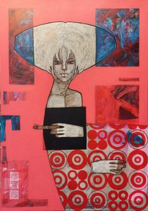 Oryginalny obraz akrylowy 'Cygaro' Michała Wareckiego, portret kobiety z jasnymi włosami trzymającej w dłoni cygaro, przedstawionej na czerwonym tle. Malarstwo figuratywne, Galeria Wiele Sztuki.