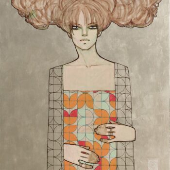 Współczesny obraz akrylowy 'Dama bez saksofonu' Michała Wareckiego, portret kobiety w sukni z geometrycznym ornamentem na srebrnym tle, inspiracja stylem Gustava Klimta, Galeria Wiele Sztuki.