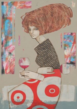 Obraz akrylowy 'Madame Newton' Michała Wareckiego, portret kobiety z kieliszkiem wina, w czerwonej sukni w geometryczne wzory. Współczesny pop-art, Galeria Wiele Sztuki.