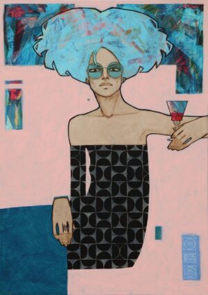 Obraz akrylowy 'Okularnica (dama z wisienką)' Michała Wareckiego, portret kobiety w dużych okularach z koktajlem, malarstwo współczesne, Galeria Wiele Sztuki.